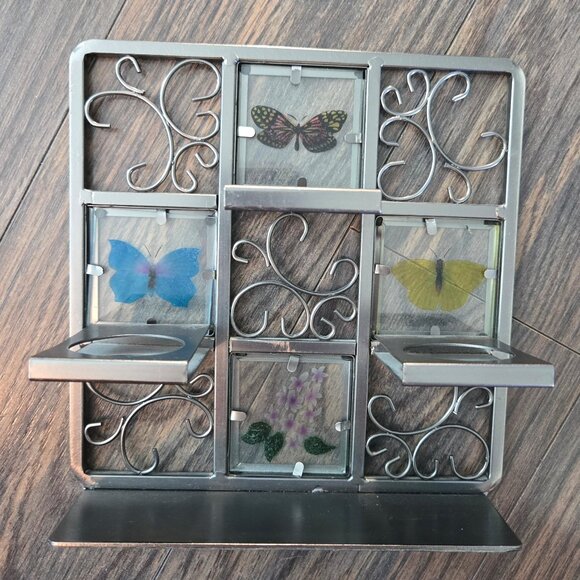 Vintage PARTYLITE Etched Glass Butterfly Tealight Pewter Easel Holder NEW! - Picture 2 of 9